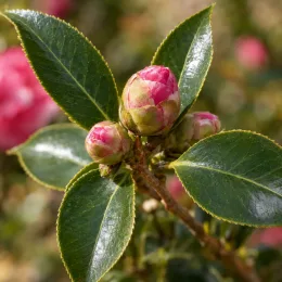 Camélia du japon 'Volunteer' (Camellia japonica) — boutons floraux bicolores entourés de feuillage brillant