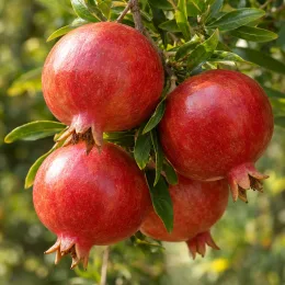 Grenadier à fruit 'Baku' (Punica granatum) — gros fruits rouges ronds parmi des feuilles vertes · Photo d'illustration