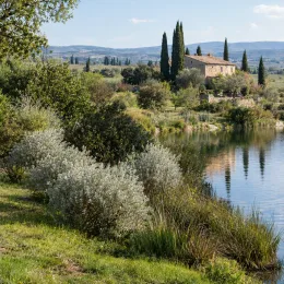 Saule crevette 'Iceberg alley' (Salix candida) — massif d’arbustes au bord d’un étang