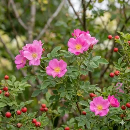 Rosa 'Jam-a-licious' — fleurs roses simples et nombreux fruits rouges