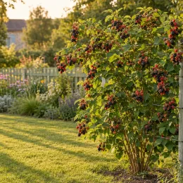 Murier 'Triple crown' (Rubus fruticosus) — arbuste fruitier chargé de baies noires au jardin · Photo d'illustration