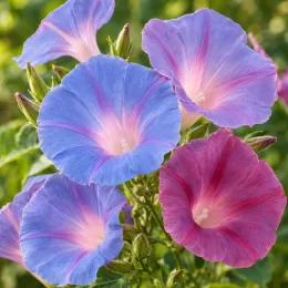 Ipomoea 'Edith piaf' (Ipomoea indica) — gros plan sur plusieurs fleurs en trompette · Photo d'illustration