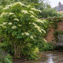 Sureau noir (Sambucus nigra) — grand arbuste fleuri près d'un banc de jardin · Photo d'illustration