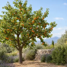 Abricotier 'Hargrand' (Prunus armeniaca) — arbre chargé de fruits orangés au jardin