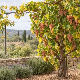 Vigne 'De table chasselas rose' (Vitis vinifera) — vigne palissée couverte de grappes de raisin roses · Photo d'illustration