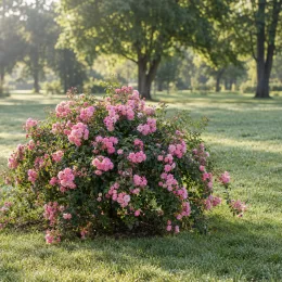 Rosier couvre-sol 'Pretty fairy' (Rosa) — massif arrondi de petites fleurs roses · Photo d'illustration