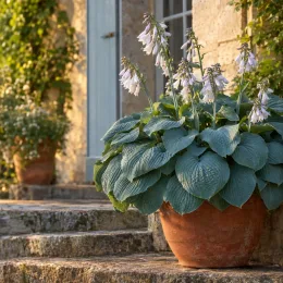 Hosta 'Elegans' (Hosta sieboldiana) — plante feuillue en pot sur marches en pierre · Photo d'illustration