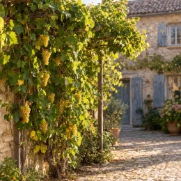 Cépage de table blanc 'Noah' (Vitis vinifera) — vigne grimpante chargée de grappes jaunes sur façade · Photo d'illustration