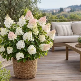 Hortensia paniculé 'Bobo' (Hydrangea paniculata) — arbuste fleuri en grand pot tressé sur terrasse · Photo d'illustration