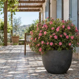 Potentille 'Bellissima' (Potentilla fruticosa) — buisson fleuri rose en pot sur terrasse carrelée · Photo d'illustration