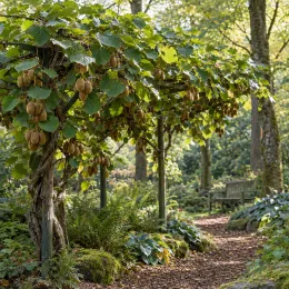 Kiwi 'Hayward' (Actinidia deliciosa) — lianes couvertes de fruits bruns au-dessus d’un sentier · Photo d'illustration