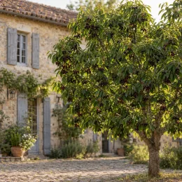 Cerisier 'Noire de meched' (Prunus avium) — arbre fruitier chargé de petites cerises sombres