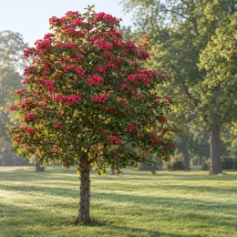 Aubépine 'Paul s scarlet' (Crataegus laevigata) — arbre isolé couvert de fleurs roses