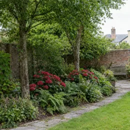 Hortensia 'Sybilla' (Hydrangea macrophylla) — massif d'arbustes fleuris sous de grands arbres · Photo d'illustration