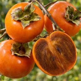 Plaqueminier 'Cioccolatino' (Diospyros kaki) — gros plan de fruits orangés avec coupe transversale