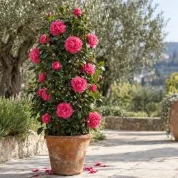Camelia 'Anticipation' (Camelia japonica) — grand arbuste fleuri en pot sur terrasse · Photo d'illustration