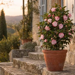 Camelia 'Buttons and bows' (Camelia japonica) — arbuste fleuri en pot sur marches en pierre · Photo d'illustration