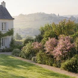Deutzie 'Mont rose' (Deutzia) — massif d'arbustes fleuris roses le long d'une maison