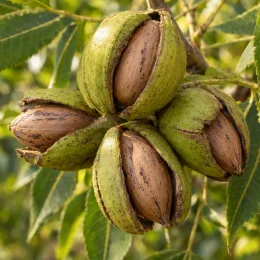 Pacanier à noix de pécan (Carya illlinoinensis) — gros plan de fruits bruns dans coques vertes · Photo d'illustration
