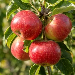 Pommier 'Annurca' (Malus domestica) — groupe de pommes rouges sur branches feuillues