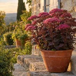 Sedum 'Cherry' (Sedum nova) — plante à ombelles roses sur terrasse ensoleillée · Photo d'illustration