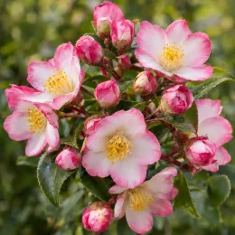 Camélia du japon 'Cupido' (Camellia rosthorniana) — fleurs bicolores rose et blanc en gros plan