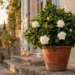 Gardenia rustique à fleurs doubles 'Magnifica' (Gardenia augusta) — arbuste fleuri en pot sur marche en pierre · Photo d'illustration
