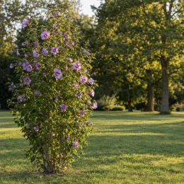 Althéa 'Russian violet' (Hibiscus syriacus) — arbuste fleuri isolé sur pelouse ensoleillée