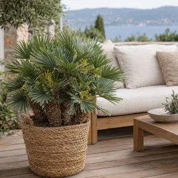 Palmier nain 'Vulcano' (Chamaerops humilis) — palmier en pot tressé sur terrasse aménagée