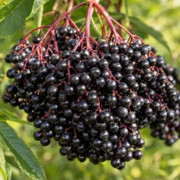 Sureau noir à gros fruits 'Sampo' (Sambucus nigra) — grosse grappe de petites baies noires mûres · Photo d'illustration
