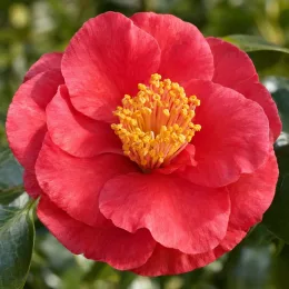 Camélia du japon 'Mary williams rouge' (Camellia japonica) — gros plan de fleur rouge épanouie · Photo d'illustration