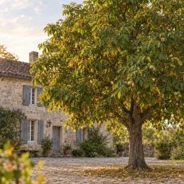 Noyer 'Ruby' (Juglans regia) — grand arbre fruitier devant maison en pierre · Photo d'illustration
