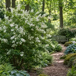 Deutzie (Deutzia magnifica) — arbuste fleuri au bord d’un chemin forestier · Photo d'illustration