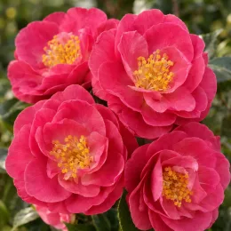 Camelia 'Charles colbert' (Camelia japonica) — gros plan de fleurs roses doubles ouvertes · Photo d'illustration