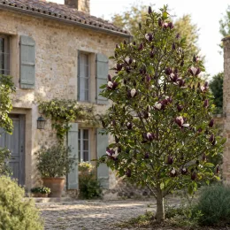 Magnolia 'Black beauty' — petit arbre fleuri devant une maison en pierre