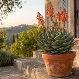 Aloès spirale du lesotho (Aloe polyphylla) — succulente en pot sur terrasse en pierre · Photo d'illustration