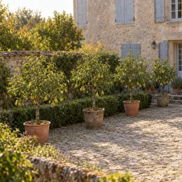Poirier 'Belle hélène' (Pyrus communis) — petits arbres fruitiers en pot sur cour pavée · Photo d'illustration