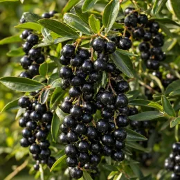 Troene commun 'Magical black pearl' (Ligustrum vulgare) — grappes de baies noires brillantes et feuillage