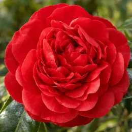 Camelia 'Rouge' (Camelia japonica) — gros plan de grande fleur rouge épanouie · Photo d'illustration