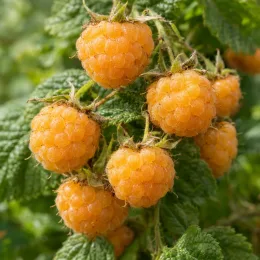 Framboisier rampant de taïwan 'Emerald carpet' (Rubus pentalobus) — grappes de framboises jaunes mûres sur feuillage · Photo d'illustration