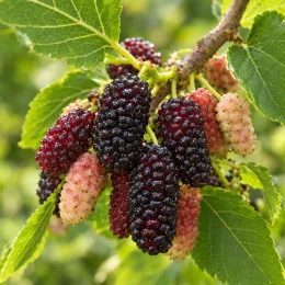 Mûrier blanc (Morus alba) — grappes de fruits mûrs et immatures sur feuillage · Photo d'illustration