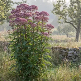 Eupatorium (Eupatorium purpureum) — grande vivace fleurie devant muret de pierres · Photo d'illustration