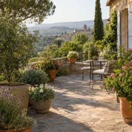 Géranium au parfum d'eucalyptus 'White' (Pelargonium fragrans) — terrasse en pierre avec pots de plantes méditerranéennes · Photo d'illustration