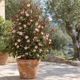 Camélia du japon 'Cupido' (Camellia rosthorniana) — arbuste fleuri en pot sur terrasse ensoleillée