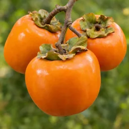 Plaqueminier 'Pomme o'gosho' (Diospyros kaki) — trois gros fruits orange sur une branche