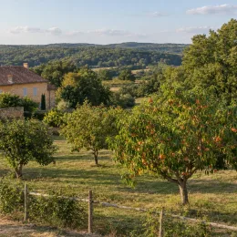 Pêcher 'Conserve' (Prunus persica) — verger d'arbres fruitiers devant maison en pierre · Photo d'illustration