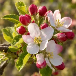 Pommier 'Rouge basque' (Malus domestica) — fleurs blanches et boutons floraux roses en bouquet · Photo d'illustration