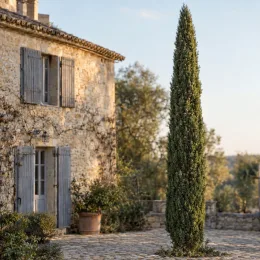 Cyprès d'italie 'Pyramidalis' (Cupressus sempervirens) — arbre élancé devant maison en pierre