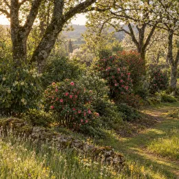 Camélia du japon 'King's ransom rose' (Camellia japonica) — massif d’arbustes fleuris sous de grands arbres