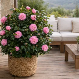 Camélia du japon 'Eldorado rose' (Camellia japonica) — arbuste fleuri en pot sur terrasse en bois · Photo d'illustration